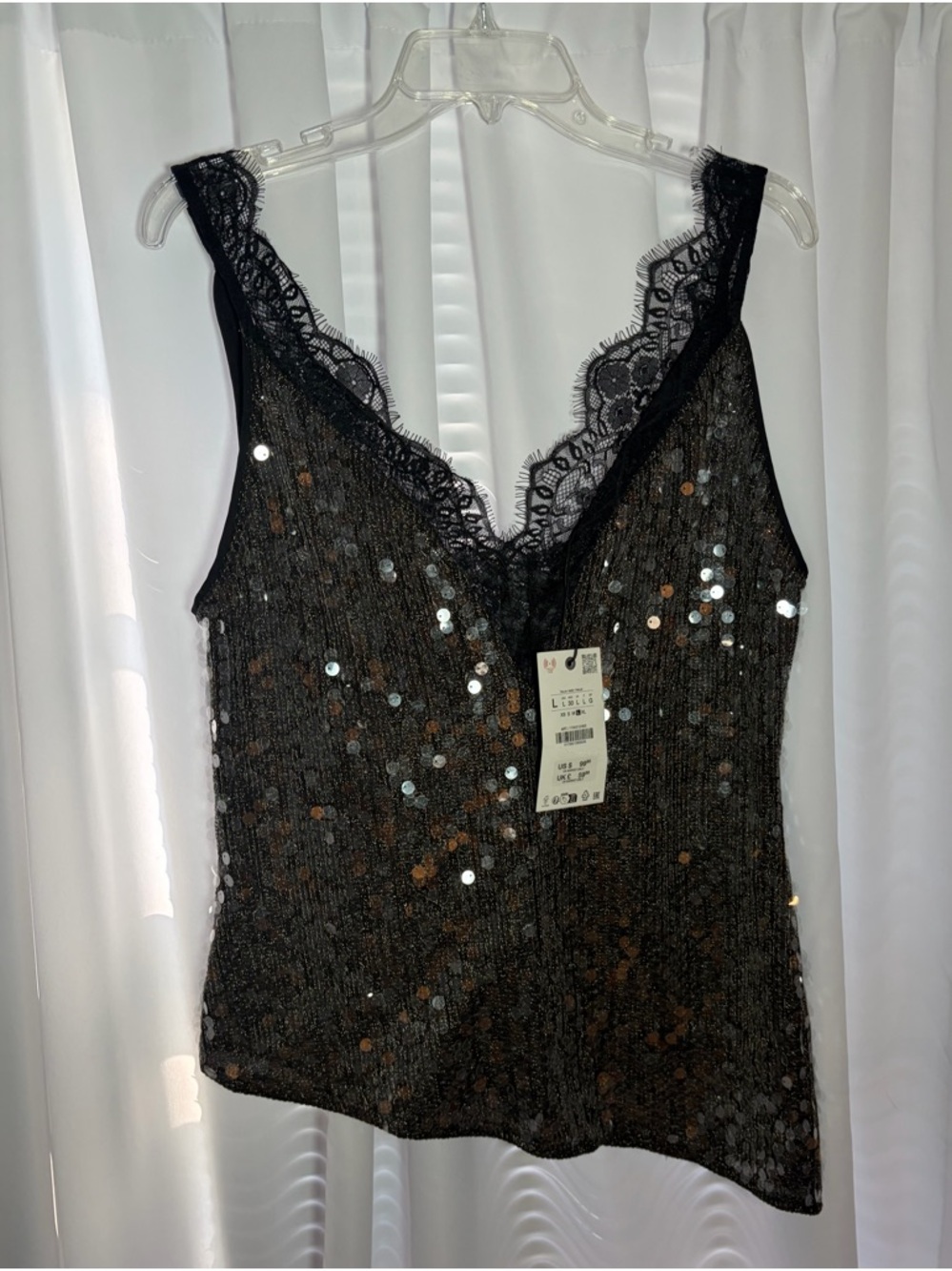 NWT ZARA Black & Grey Sequin Tank Top w/Lace Trim & Asymmetrical Hem size L